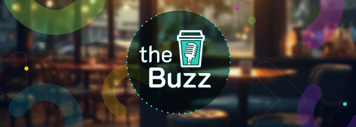 Text reads the buzz a coffee chat with UKG customers, over a colorful coffee shop and a coffee cup with a microphone as the label